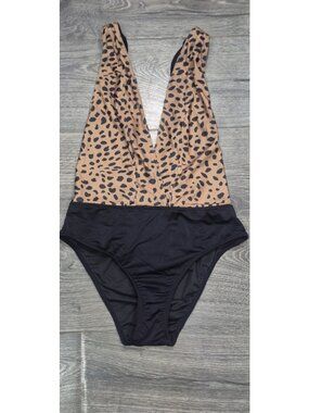 FEATHER 11 Cheetah Plunge One-piece Open Back  Bathing Suit  Women's Size Large